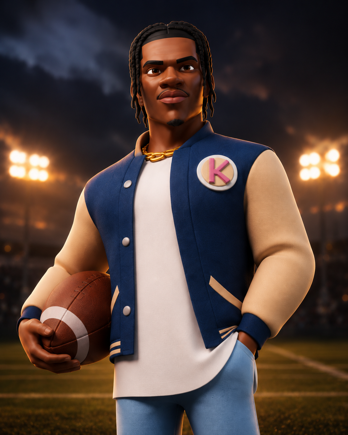 Lamar Jackson as a Klassy character — varsity jacket with the K crest, holding a football